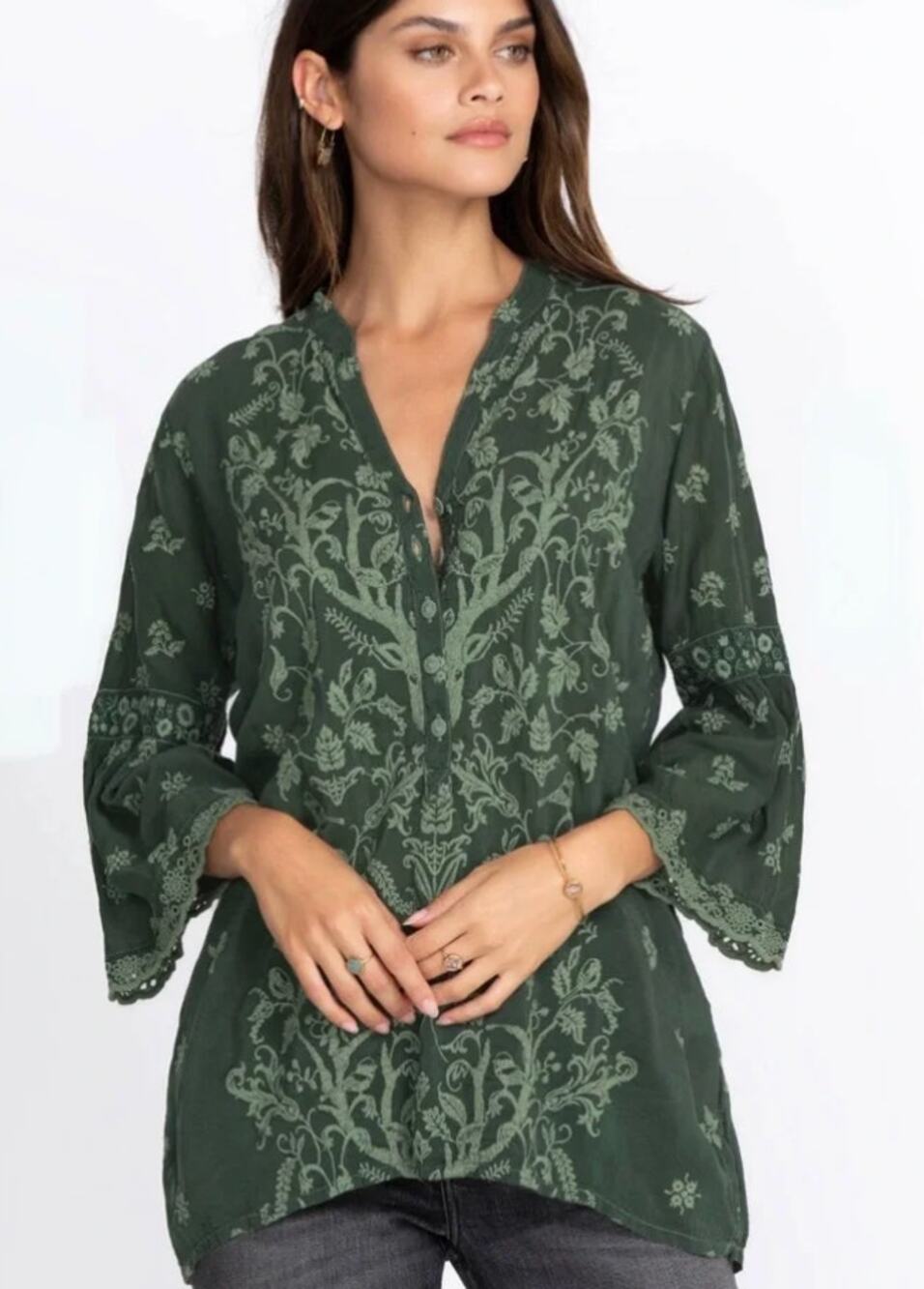 Johnny Was Ciervo Serena Deer Embroidered Tunic Boho Green XXL